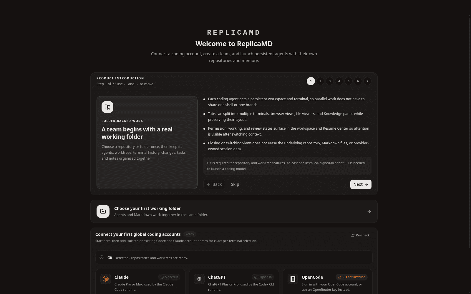 A team begins with a real working folder; agents, worktrees, and notes stay organised together.