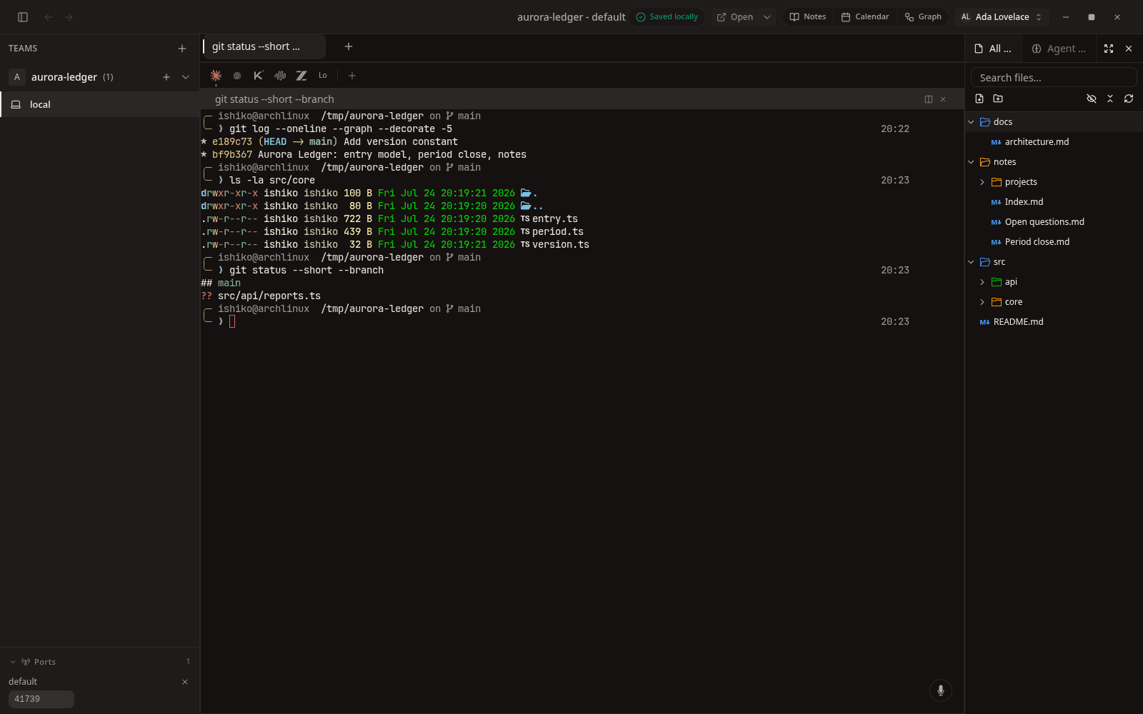 The project tree resolves the folder the agent is working in, including nested sources and notes.