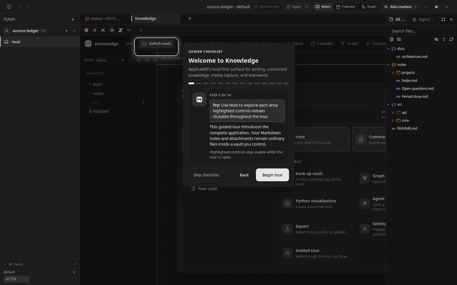 Knowledge opens as a pane inside the workspace, sharing the host's theme.