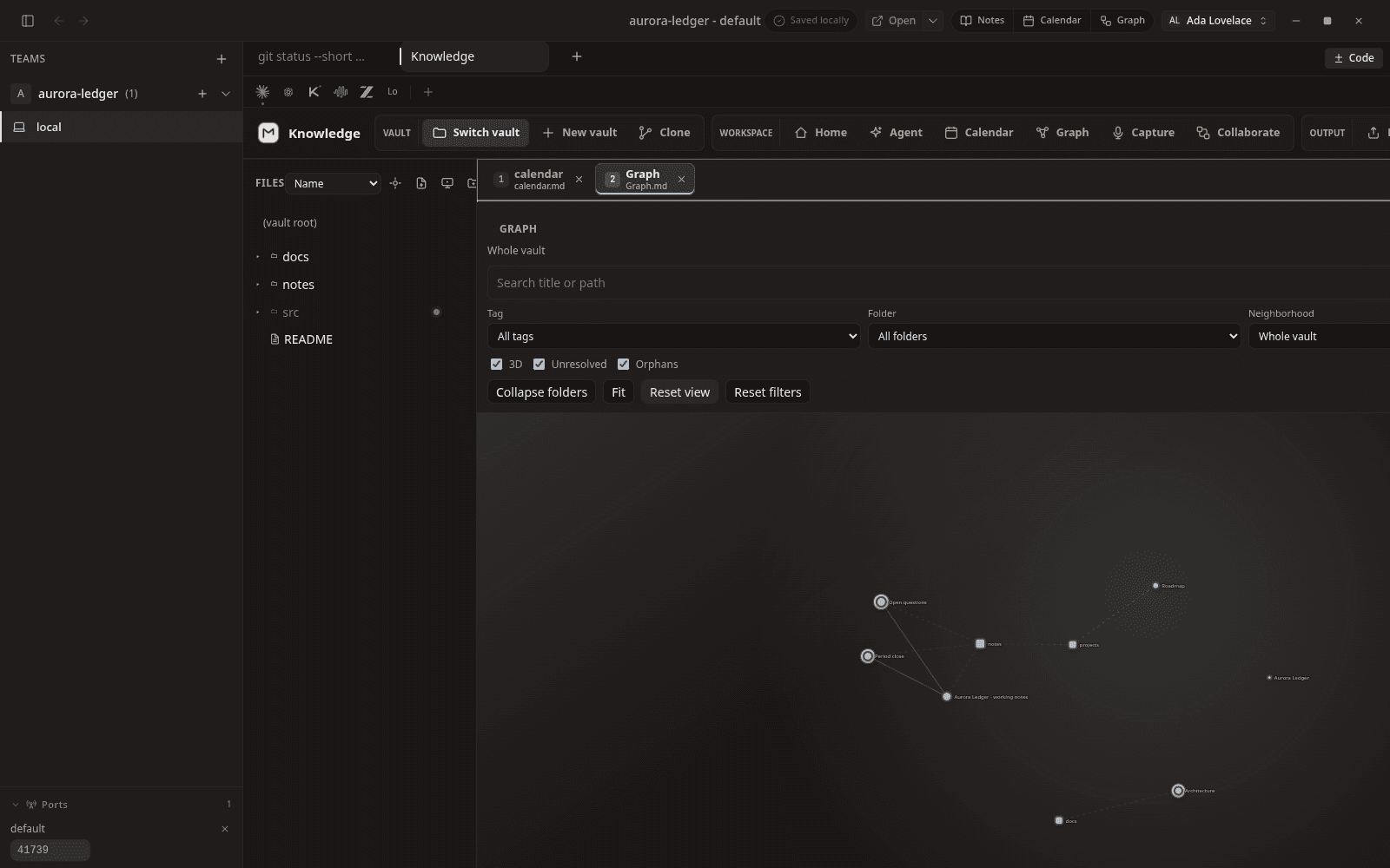 Tag, folder, and neighbourhood filters with 3D, orphan, and unresolved-link toggles.
