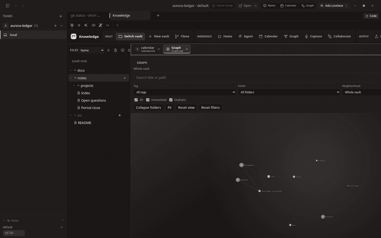 The Knowledge graph view showing notes connected by links, built from the vault's wikilinks.