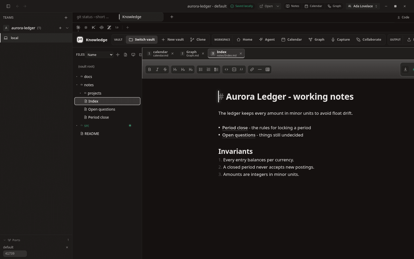 The Knowledge editor showing a Markdown note with a heading, a list, and rendered links to other notes.