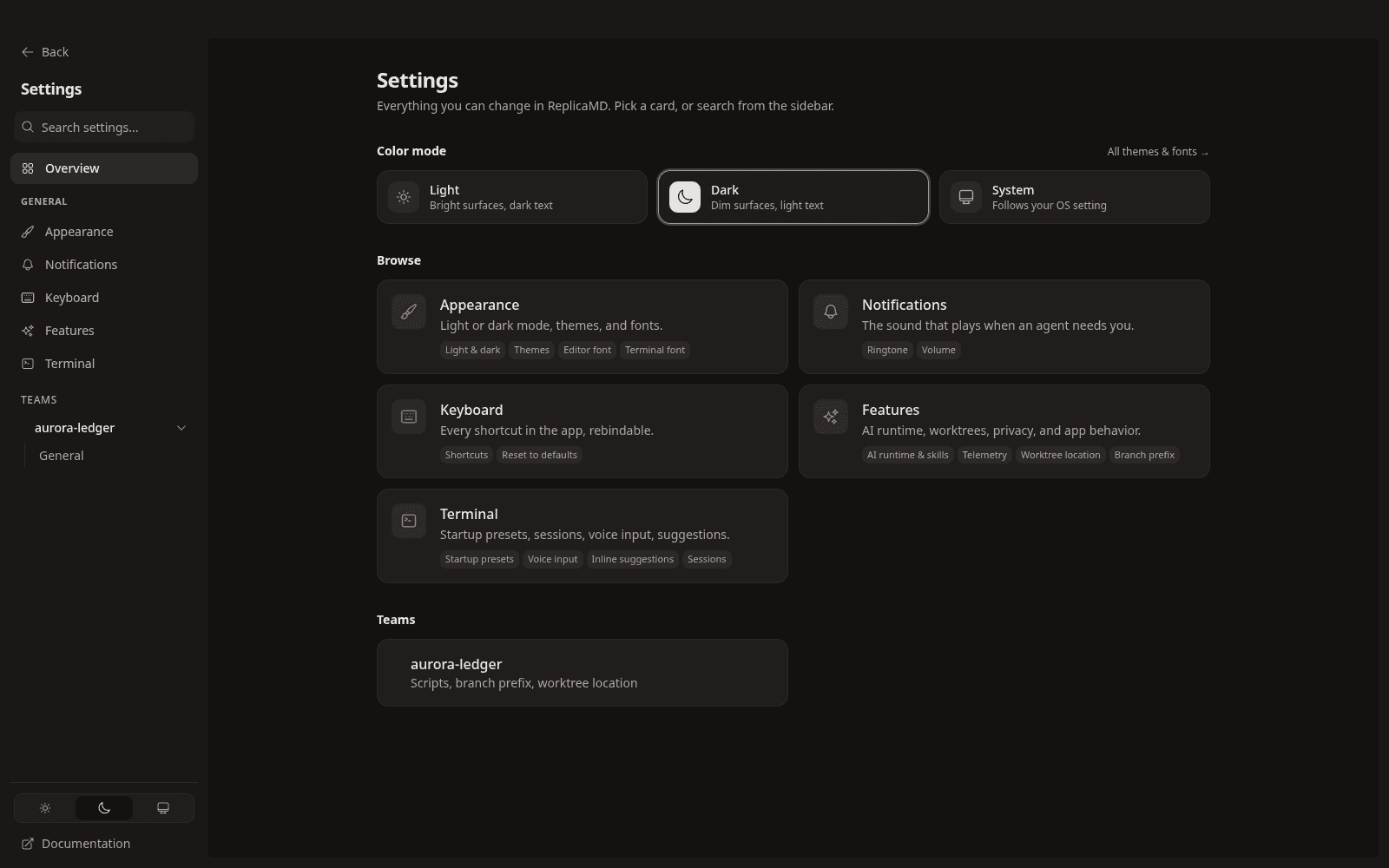 The settings entry point and its section index.
