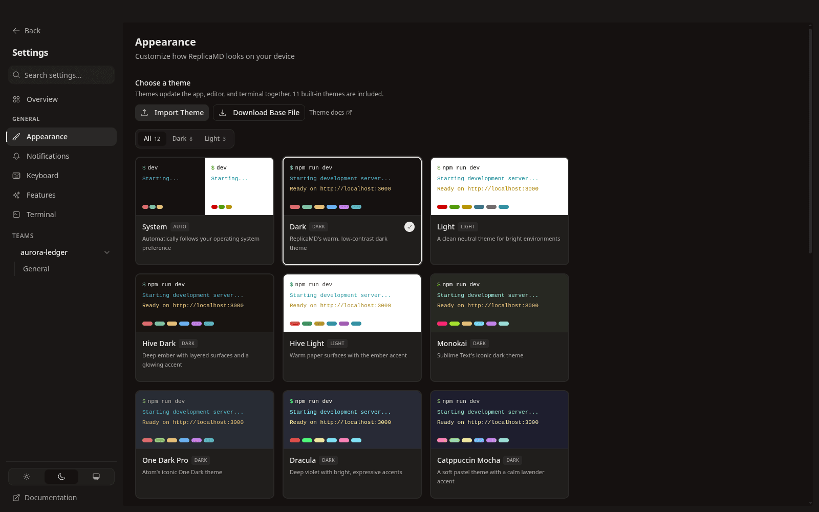 The theme gallery, with live terminal previews rendered per theme.