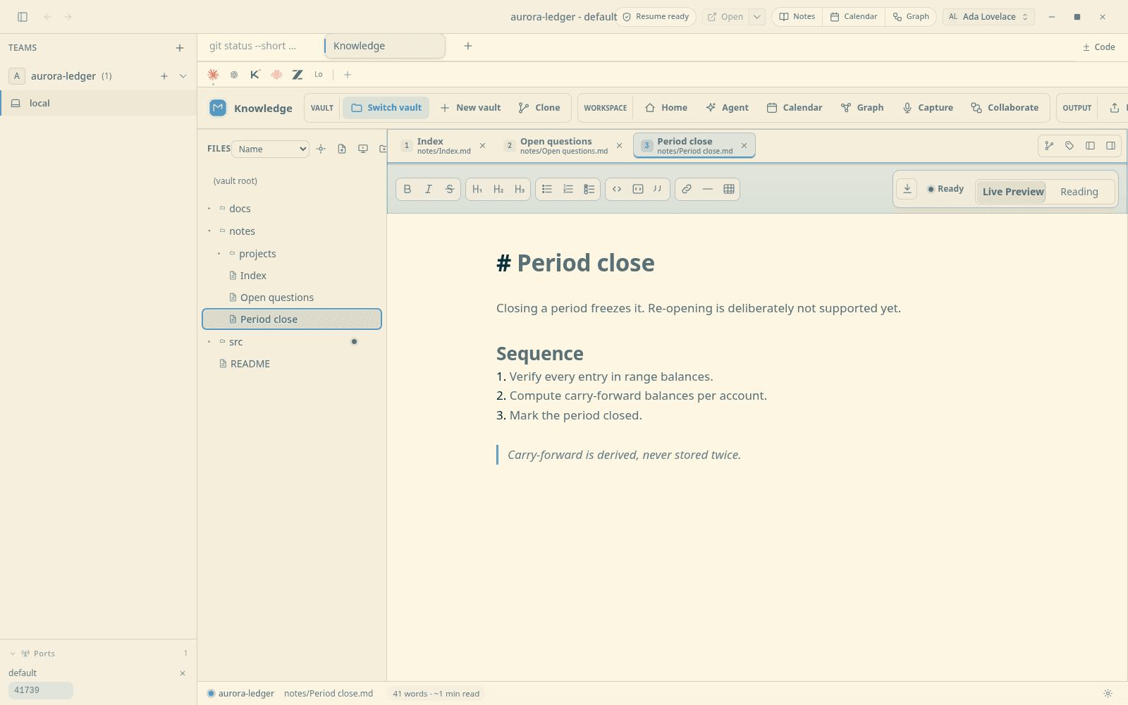 The theme reaches the embedded Markdown editor too, not just the shell.