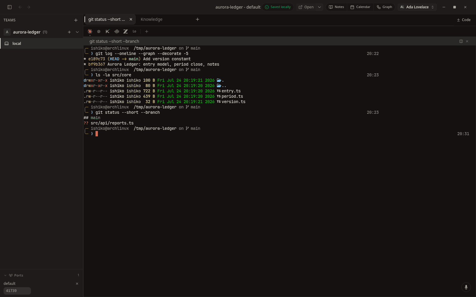 Terminal and Knowledge live side by side as tabs in the same workspace.