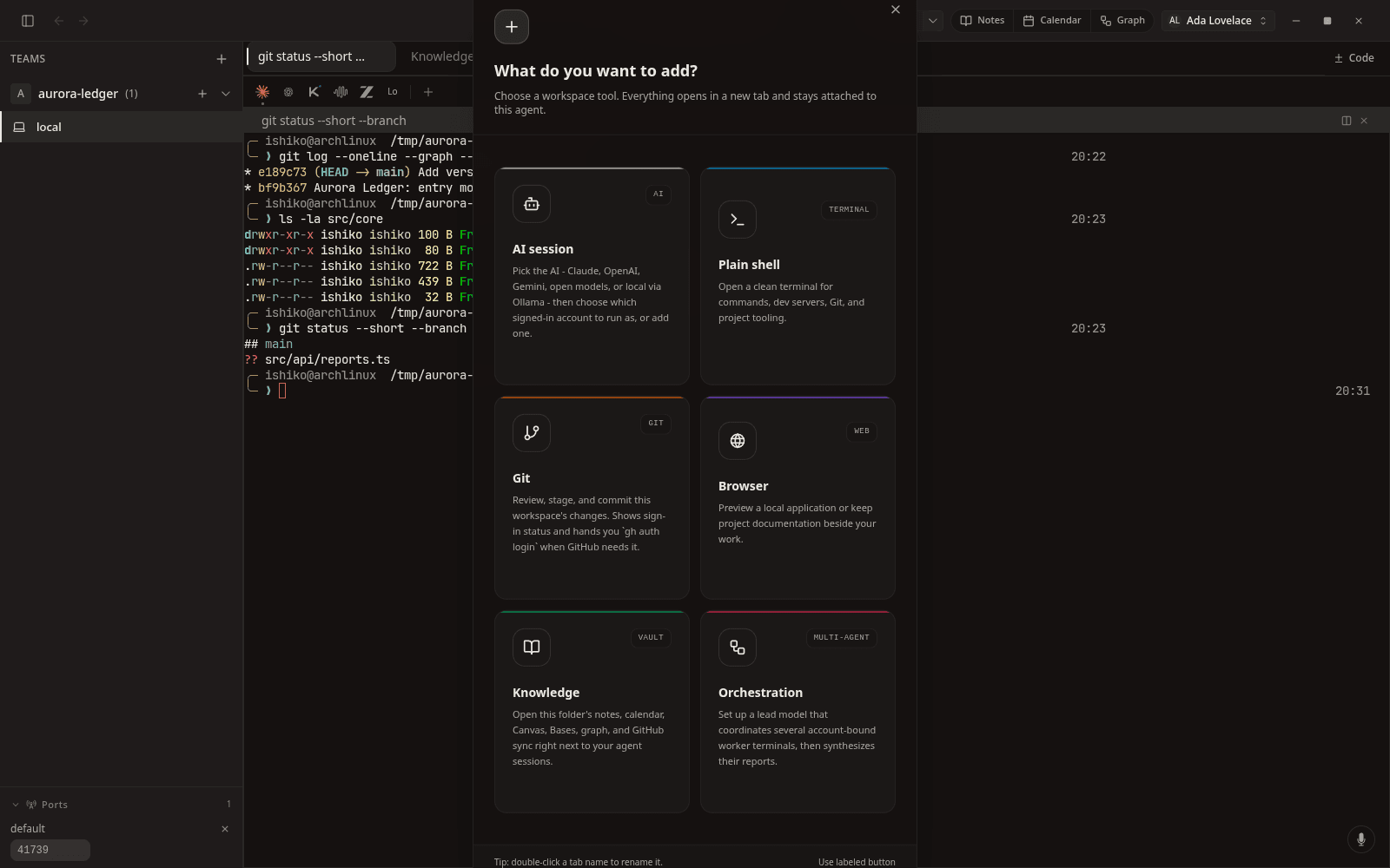 Terminals, file views, and Knowledge panes open as tabs.