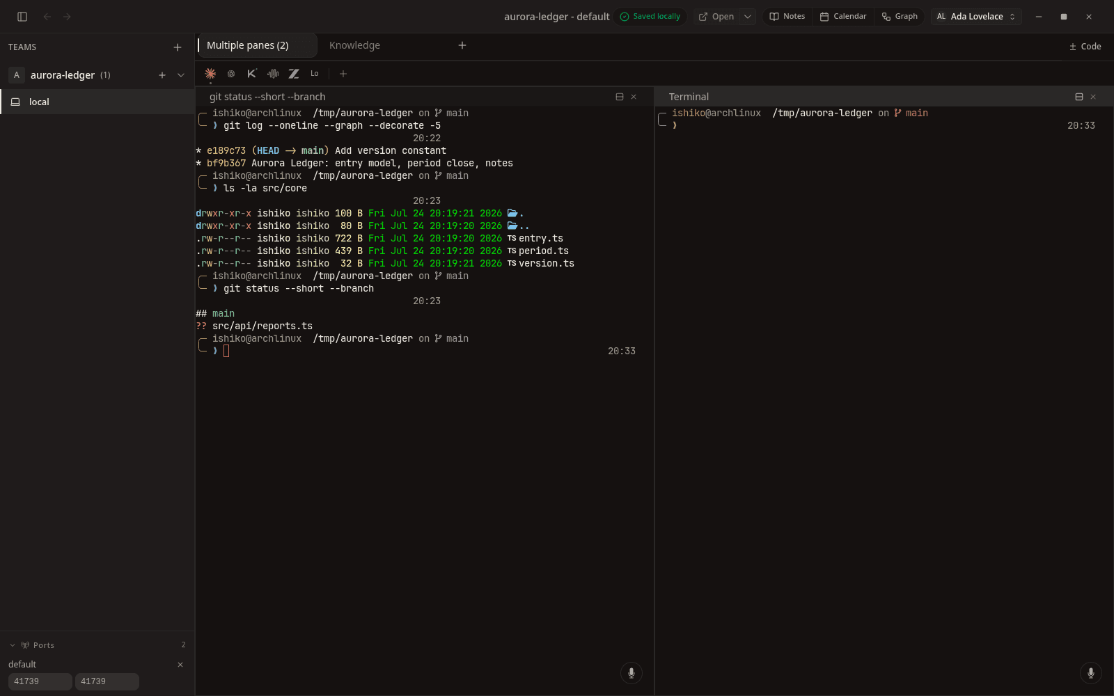 One tab holding two independent terminals, each with its own scrollback and process.