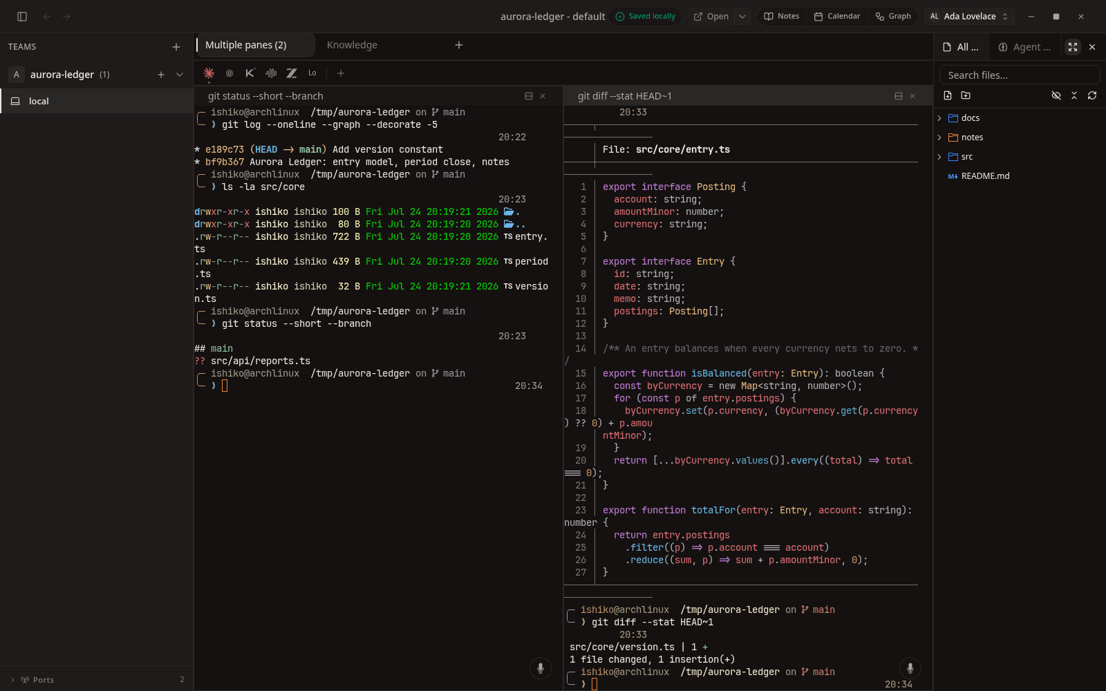 Syntax-highlighted source and git diff output inside the workspace, no external editor.