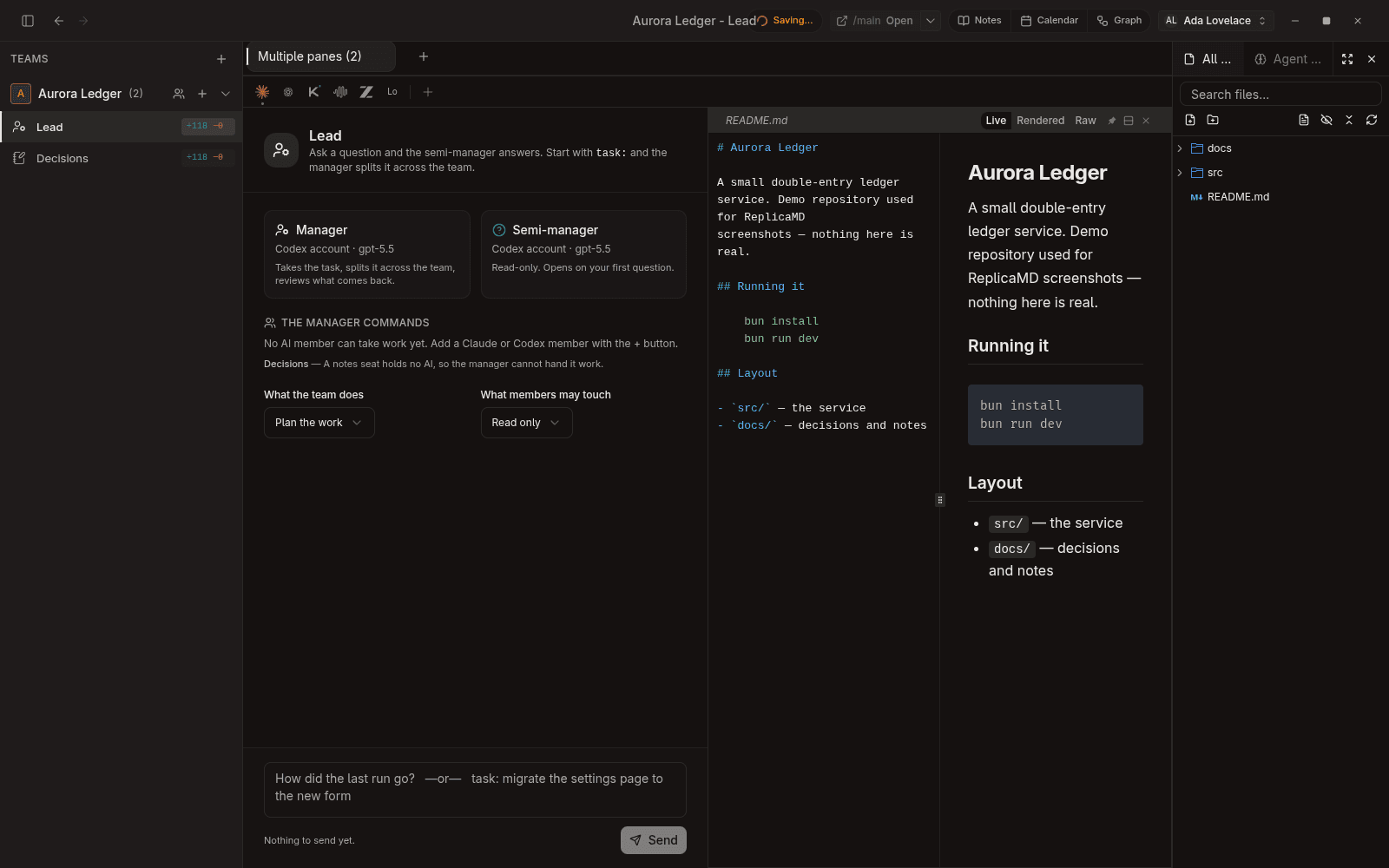 Clicking a Markdown file opens edit-and-preview in one pane, updating as you type. Here it sits next to the manager desk, and the roster below explains in plain words why a notes seat cannot be handed work.